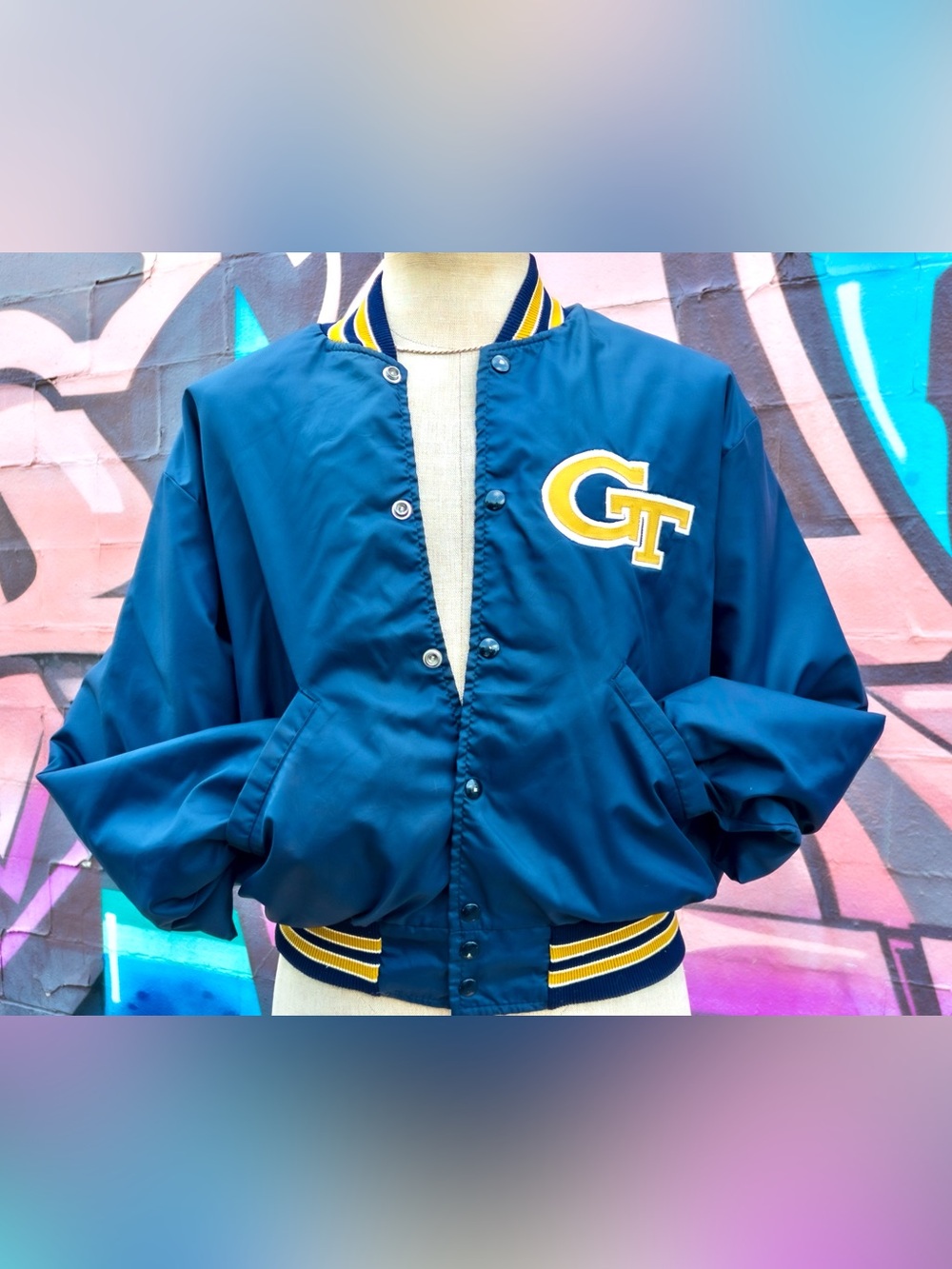GEORGIA TECH Vintage Bomber Jacket size Large | Blue/Gold with Retro Embroidery